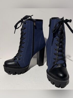 Goth Punk Navy Chunky Block Heel Lace Up Platform Creep Shoe Ankle Boots Sz 8.5